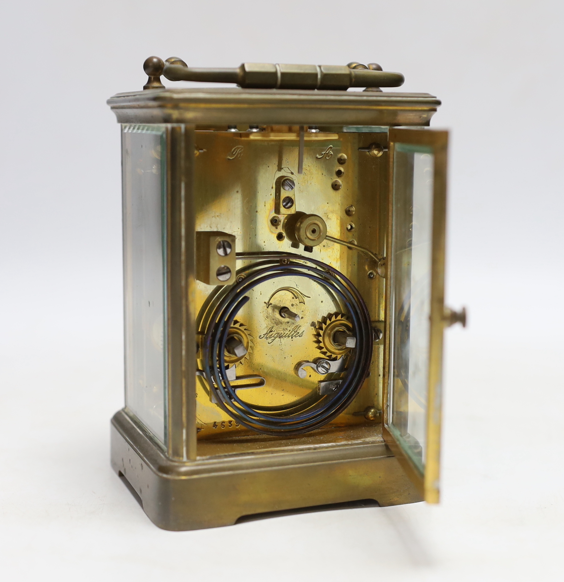 A 19th century French brass carriage clock with repeater, 17cm high